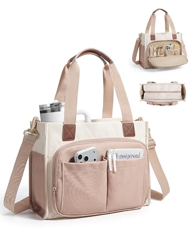BAGSMART Canvas Tote Bag for Women Work Tote Bag with Zipper Crossbody Handbag for Travel Teacher Nurse Small Camel