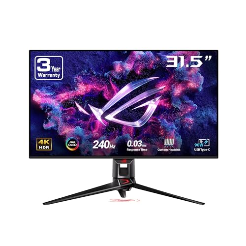 ASUS ROG Swift 32” 4K OLED Gaming Monitor (PG32UCDM) – UHD (3840 x 2160), QD-OLED, 240Hz, 0.03ms, G-SYNC Compatible, Custom Heatsink, Graphene film, 99% DCI-P3, True 10-bit, 90W USB-C, 3 year warranty