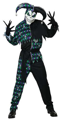 Panoplie bouffon tricolore noir violet vert avec masque pour adulte