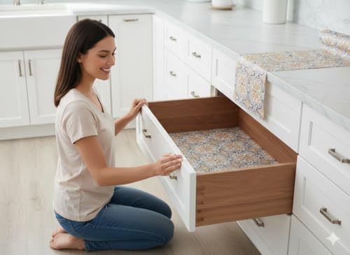 Image of Dribble EVA Shelf Liner Mat 45x500cm Roll, Non Slip Drawer & Cabinet Liner for Kitchen, Waterproof Oilproof Washable Fridge Mat, Anti Skid Cupboard Wardrobe Multipurpose Mat (Yellow /Brown mandala Art)