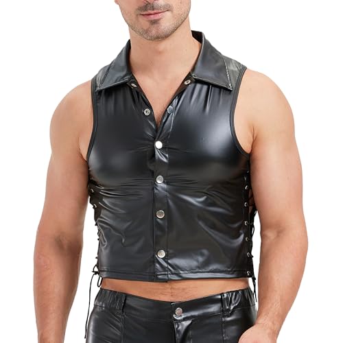 Mens PU Leather Vest Muscle Fit Wet Look Tank Top Sleevelss Shirt Clubwear Activewear