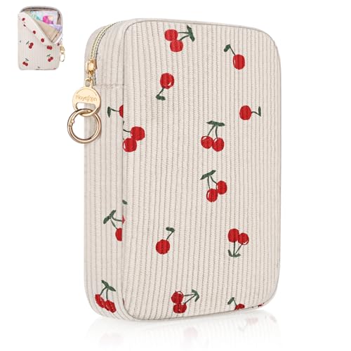 Neceser Pequeño para Compresas Pequeñas y Tampons Bolsa de Almacenamiento para Compresa Algodon Salvaslips Bolsas Menstruales con Cremallera Regalo para Adolescentes Niñas 18*12*3cm(Cerezas-Beige)
