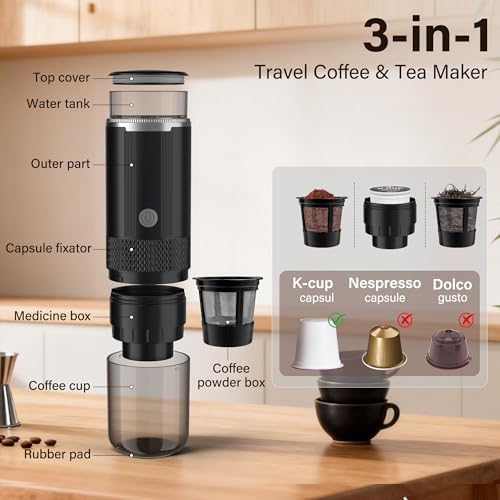 Aromilo Portable Travel Coffee Maker, 3-in-1 Camping Coffee Machine with USB-C for Travel Car,Cordless Battery Powered,Rechargable,Compatible with Ground Coffee,Capsules,Tea, 6OZ Cup,Black,170ml - 1