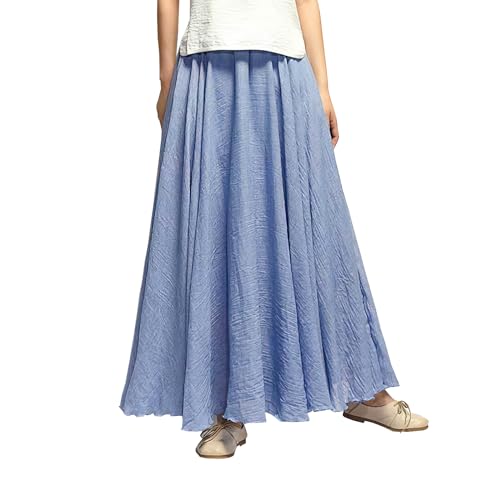 Women's Elastic Waist A Line Long Maxi Cotton Linen Skirt Bohemian Soft Lined Swing Skirt