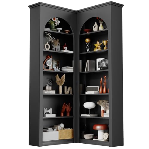 Semoic - Semoic Corner Bookshelf, 71 inch 6 Tier Storage Bookcase, L-Shaped Corner Bookshelf, Living Room/Home Office/Bedroom Display Unit, Arched French Style Black