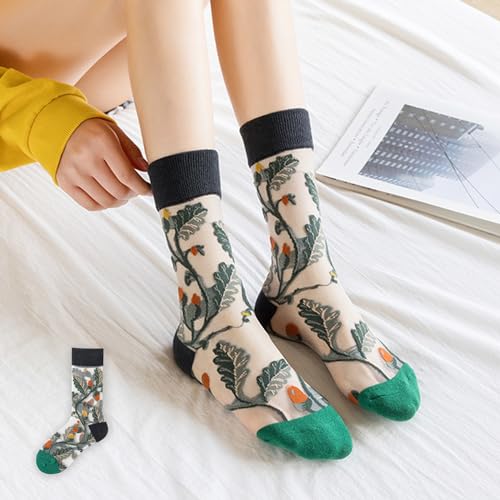 Image of RosyClouds Floral Jacquard Mesh Socks for Women, Summer See Through Sheer Elastic Crew Socks Flowers Crystal Glass Socks 6 Pairs