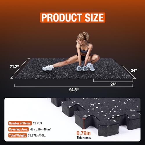 FAHKNS Gym Mat, 0.79'' Alfombrillas de goma para ejercicio, 12 piezas, 48 pies cuadrados, adhesivas, material EVA de alta densidad, negro miniatura 6