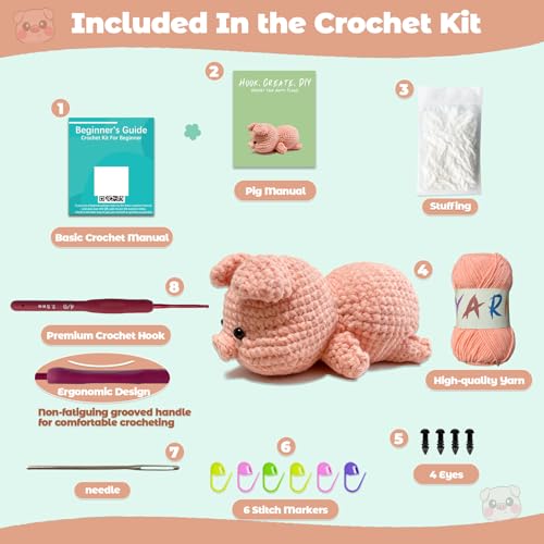 Image of JueRum Pig Crochet Kit for Beginners Adult All-in-One Amigurumi Crochet Kit
