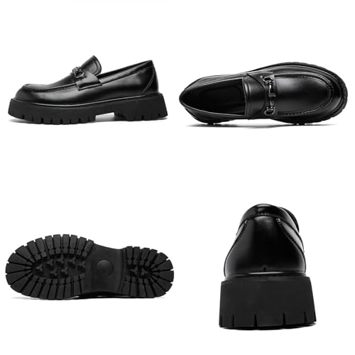 Image of XENTORD Men's Patent Leather Platform Loafers Comfort Non-Slip Lug Sole Slip-On Dress Shoes with Metal Horsebit Detail for Business Office & Casual