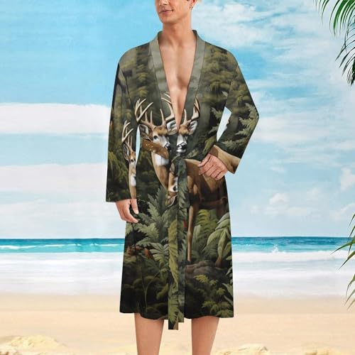 Tree Camo Deer Mens Nightgown Lightweight Knee Long Bath Robe Spa Bathrobe Loungewear2