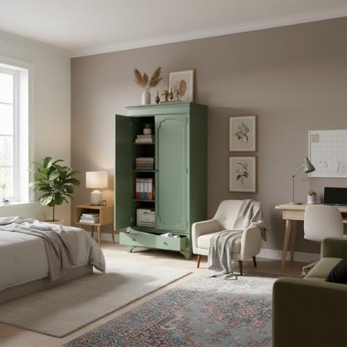 Image of APRODZ Mango Wood 2 Door Wardrobe for Bedroom Living Room | Wooden Almirah with 1 Drawer, Hanging Rod & Shelves | Modular Clothes Cupboard, Storage Organizer Cabinet Furniture for Home (Khaki Green)