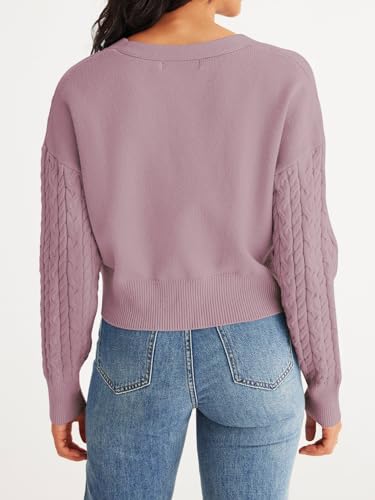 Image of MEROKEETY Women's Long Sleeve Open Front Cable Knit Crop Cardigans V Neck Button Sweaters with Pockets