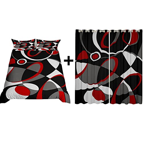 5Pcs Red Grey And Black Duvet Cover Set Queen Size & Curtain Set: 1 Duvet Cover + 2 Pillowcase + 2 Panels Of 42 W X 63 L Inch Each #TOP29