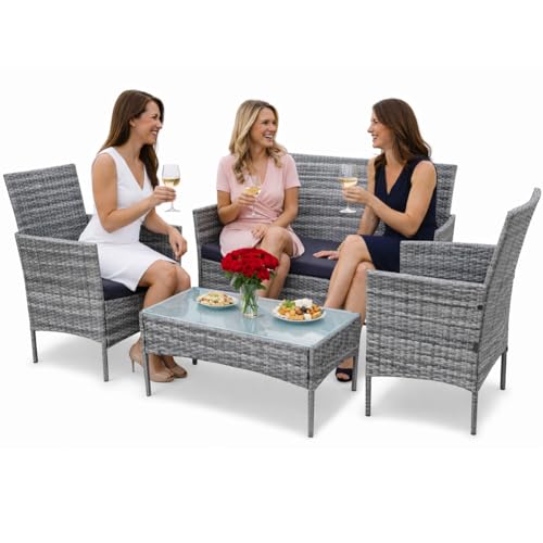 BAKAJI Set Salotto Completo di Divano 2 Poltrone e Tavolino in Vetro e Poly Rattan Struttura in Acciaio con Cuscini Sfoderabili Arredo Giardino Terrazzo (Grigio)