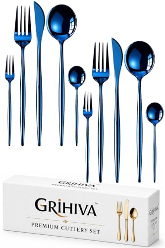 Image of 10 Pcs Blue Cutlery Set for Dining Table the Perfect Lightweight Silim Handle Tableware Including Dinner Spoon, Dinner Fork, Dinner Knife, Dessert Spoon & Dessert Fork