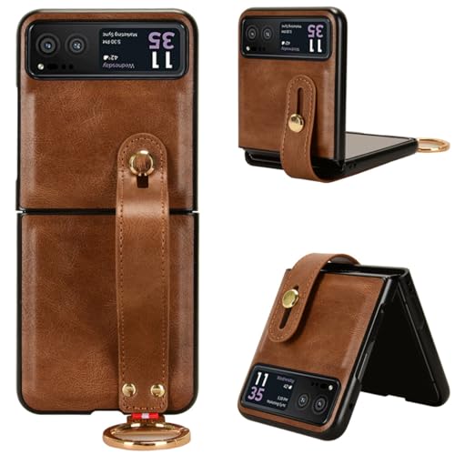 SHIEID Funda de Cuero Compatible con Motorola RAZR 40 Case, Premium PU Leather Motorola RAZR 40 Case Muñequera + Soporte, Cover for Motorola RAZR 40-Marrón