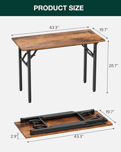 Image of Frylr Small Folding Computer Desk - 43.3 Inch Portable Table for Craft and Study, Lightweight Desk for Small Spaces, Foldable Laptop Table Built-in AC /USB Outlets for Convenience, Rustic Brown