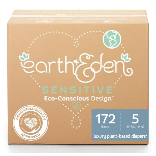 Earth & Eden Sensitive | Eco-Conscious & Hypoallergenic Diapers | Size 5 | 172 Count