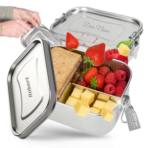 Personalisierte Brotdose Edelstahl 1000 ml - robuste Lunchbox mit Fächern