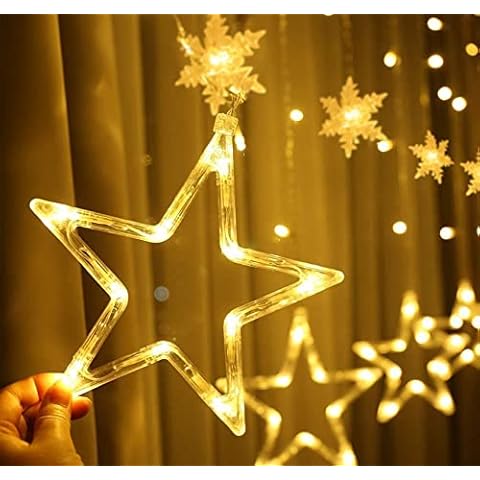 Sweelov Fairy Lights 3M Curtain Lights 6 Stars 6 Snowflakes 138 LED String Lights with 8 Modes for Home Decoration Christmas Party Garden (Warm White) Cover