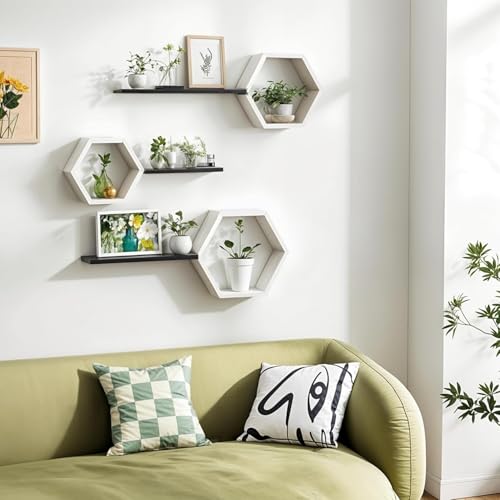 Image of Engineered Wood Woden Hexagonal Shape Wall Hanging Rack Floating Shelves for Display for Photos,Plants Living Room, Bedroom,Bathroom, Kitchen, Office (Black White)