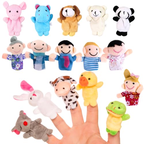 Xrten Soft Plush Finger Puppets Kit of 16 Skin Friendly Velvet Hand Dolls Early Learning Role Play Toy for Parent Child Game & Preschool Teaching