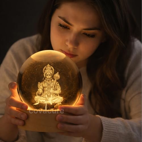 Image of COVACURE 3D Hanuman Crystal Ball Night Lamp, Solar System Hanuman Idol Crystal Ball Night Light, USB Table Colorful LED Wooden Base Lamp for Home, Office, Birthday Gift