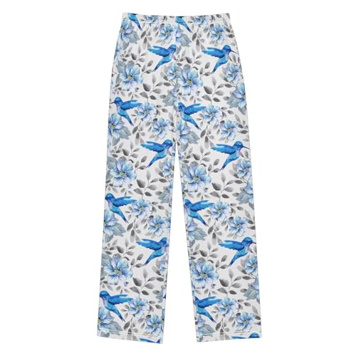 Bird Spring Floral Boys Long Pants Soft Trousers Elastic Waist Kids Lounge Bottoms with Pockets S-XL