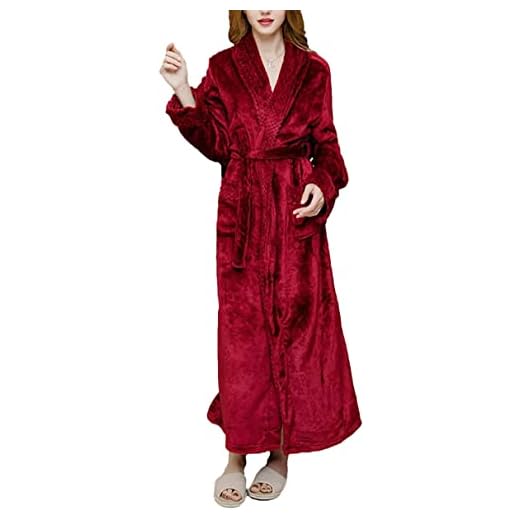 Pyjamas Badrock lång dressing långklänning casual ärm v- hals mjuk korall fleece coat pyjamas Nattlinne (Color : Red-female, Size : M)