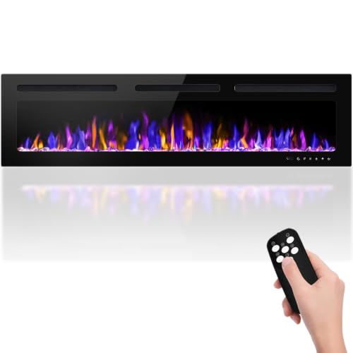 Image of BETELNUT 68 inch Electric Fireplace Wall Mounted and Recessed with Remote Control, 750 /1500W Ultra-Thin Wall Fireplace Heater W /Timer Adjustable Flame Color and Brightness, Log Set & Crystal Options