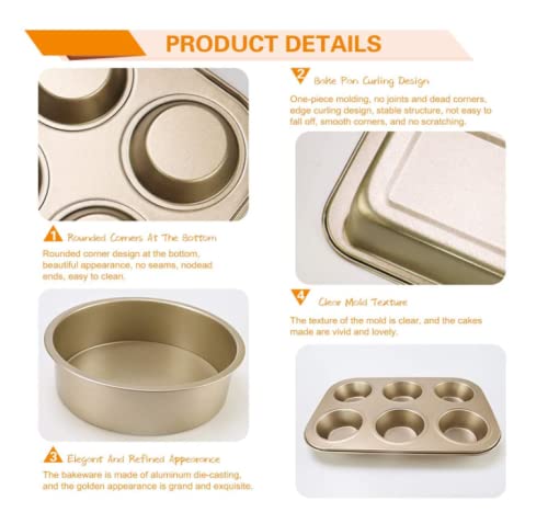Jyxing 5 Pieces Nonstick Oven Bakeware Baking Set Carbon Steel Bakeware Set Includes Bread Pan, Baking Sheet, Cookie Sheet,Springform Shaped Round Cake Pan, Cake Muffin Mold Cup(Gold) #TOP2