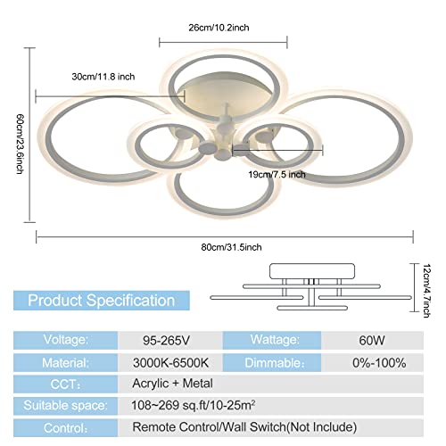 Merisky Modern Led Ceiling Light Fixture 6 Rings Flush Mount Ceiling Lights - Dimmable Color Change Chandelier With Remote Memory Timer, 60W Ceiling Lamp For Bedroom, Dining Kitchen Living Room #TOP5