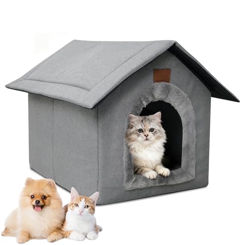 PLLYPE Casetta per gatti per esterni, impermeabile, con cuscino in peluche, per cani e gatti (grigio chiaro, 35 x 30 x 35 cm)