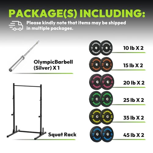 Image of HANDBODE Squat Rack, 7ft Barbell, Weight Plates Set 300 lb, Home Gym Equipment, Silver
