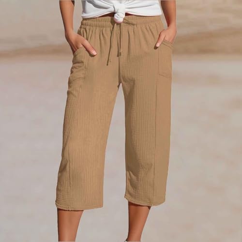 Womens Capri Pants Casual Loose Fiting Pant Drawstring Elastic High Waist with Pockets Wide Leg Loungewear Trouser2