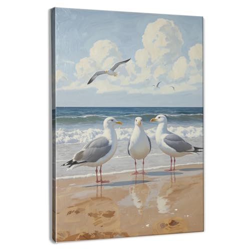 BNHJKFQZ Coastal Beach Seagull Wall Decor,Coastal Seagull Wall Art Prints,Seagulls Gifts Decorations, Beach Room Poster Decor for Kitchen Living Room Bedroom, 14x11 Inches Framed,