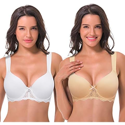 Curve Muse Womens Lightly Padded Underwire Lace Bra with Padded Shoulder Straps-2PK-White,Nude-38D(EU:85D) Cover