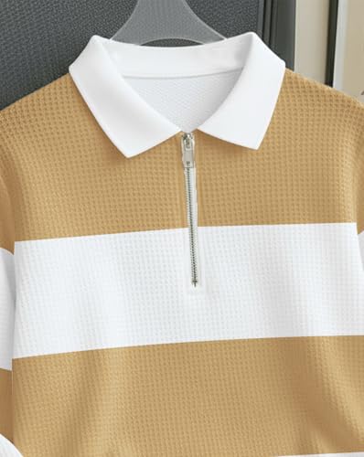 Image of Mens Stylish Half Zip Tshirt, Texture Striped Casual T-Shirt for Men, Formal Collared Neck Full Sleeves T-Shirt for Boys
