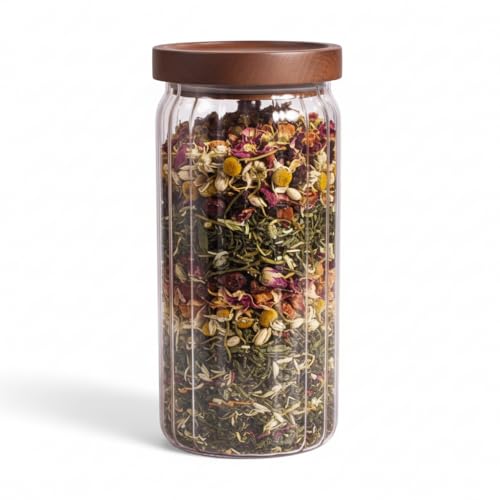 Deconox Akasya Kapaklı Çizgili Cam Kavanoz (1000ml /1 Litre) | Hava Geçirmez, Modern Fitilli Tasarım Gıda Saklama Kabı | Kahve, Çay, Kuruyemiş ve Bakliyat Kavanozu (9x20cm)