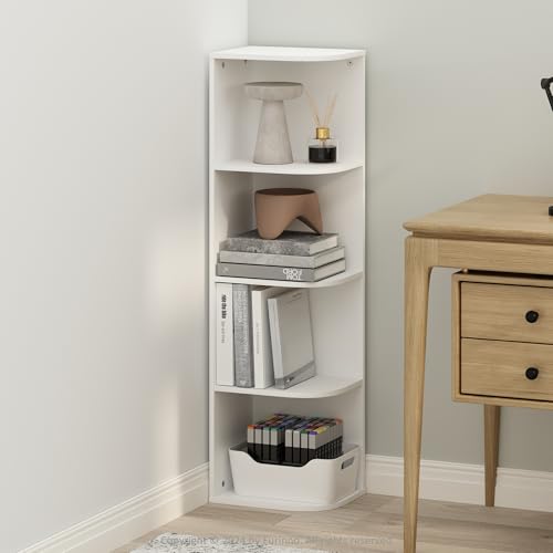 Image of Furinno Reed Corner Shelf, 4-Tier Corner Bookshelf, Book Shelf, Corner Shelves, Storage Rack, for Organization and Storage, Home Office, Living Room, White