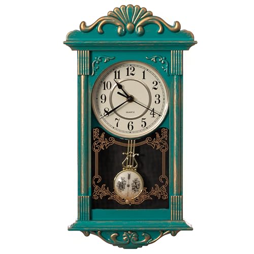 Clockswise Vintage Grandfather-Style Wall Clock with Wood-Effect Plastic Pendulum, Battery-Operated - for Home Decor, Living Room, Home Office, Kitchen or Dining Room (Green, 16 Inch)