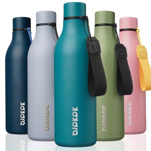 Image of BJPKPK Insulated Water Bottles, 25 oz Stainless Steel Metal Water Bottle with Strap, BPA Free Leak Proof Jugs, Mugs, Flasks, Reusable Thermal Flasks for Sports & Travel, Lake Blue