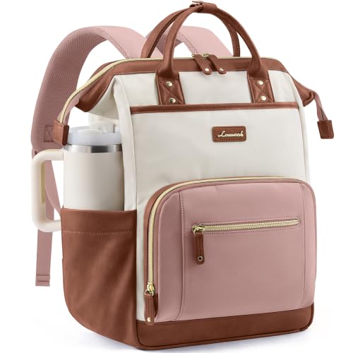 LOVEVOOK Laptop Backpack with Giant Tumbler Holder,18 inch Professional Nurse Teacher Backpack Computer Laptop Bag,Cute Travel Backpack Purse Work College Bag,Gifts for Women & Men,Beige-Pink-Brown