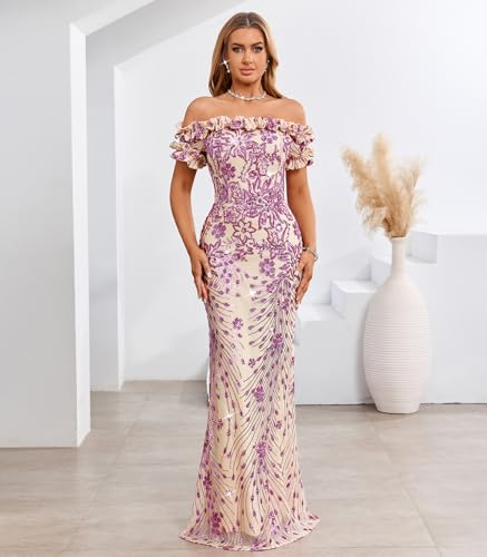 Image of dasmzper Women Sexy Sequin Off Shoulder Ruffle Short Sleeve Bodycon Mermaid Party Formal Evening Maxi Dress