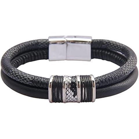 COOLLA Mens Leather Braided Leather Bracelet Bangle Wristband with Stainless Steel (F-Black, 22cm) Cover