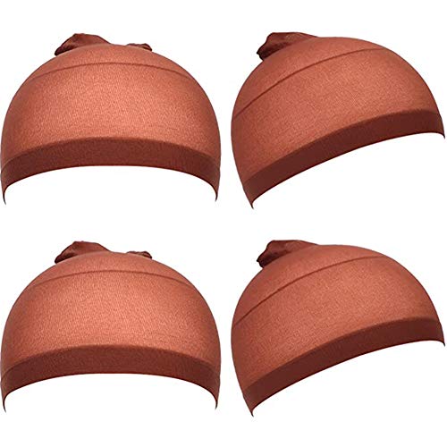 LUMIERE Hair Stocking Wig Caps for Black Women Stretchy Nylon Wig Caps Spandex Dome Type Elastic Stockings Hair Cap 4 Pieces Dark Brown