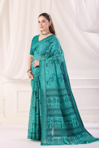 Image of TAMAIRA FASHION Off White Mulmul Pure Cotton Saree For Woman Warli Printed|Office Wear Daily Wear Sarees For Women Without Blouse Piece (Available in 21 Colours)