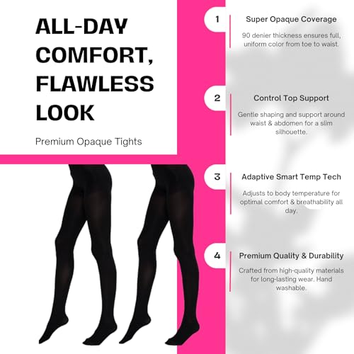90D Super Opaque Tights – 2 Pack, High-Waist, Full Coverage, Ultra Soft & Durable Pantyhose, Black Tights for Women3