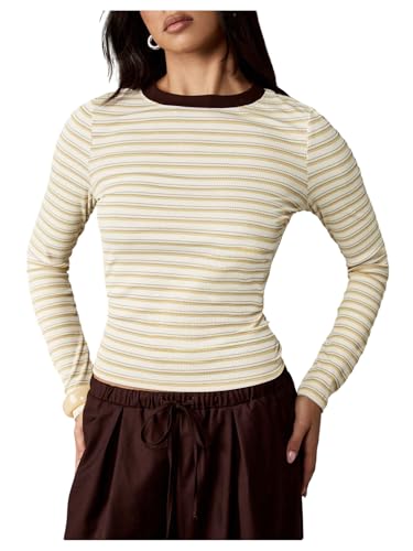 Floerns Women's Striped Crew Neck Fitted T Shirts Colorful Going Out Tops Fall Clothes Multicolor Small