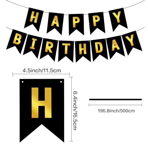 Image of Hooqict Happy Birthday Banner Black and Gold Birthday Decorations for Kids Men Women Black Party Banner Decorations Supplies Wall Door Garland Sign Bunting Flag